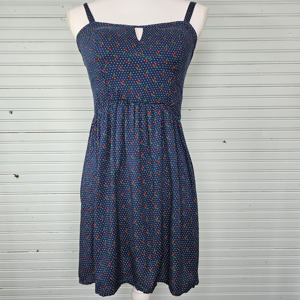 AUW Navy Red Cherries Polka Dot Print Fit Fare Spaghetti Strap Sundress Size XS